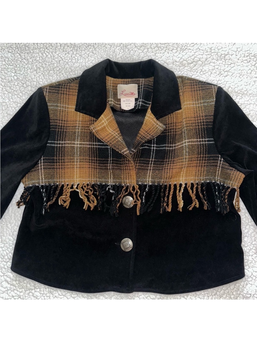VTG Lucille plaid fringe country western cowgirl blazer jacket metal buttons L
